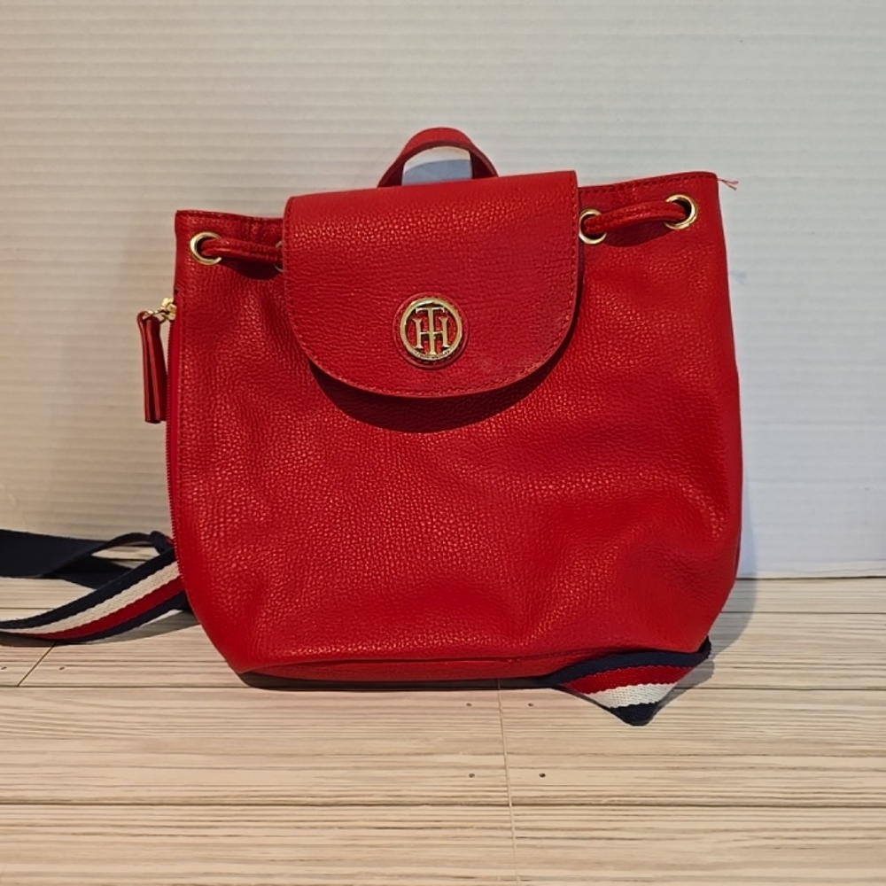 Red Tommy Hilfiger Mini Backpack With Zippered Side Pocket Adjustable Staps